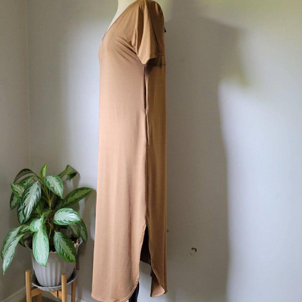 NWT HUSKARY TAN SLIT SIDE MAXI SHIRT DRESS V NECK S/M - Picture 3 of 16